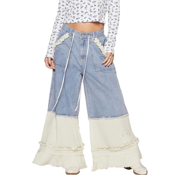 POL Light Wash Denim Patchwork Wide Leg Pants Small New - Picture 4 of 15